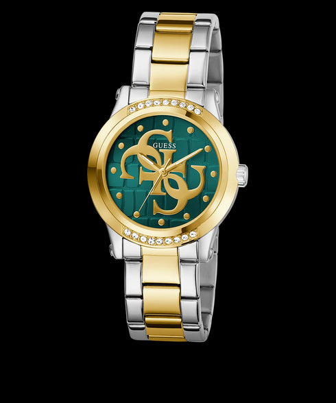 Guess Annette GW0861L4 Women’s 36 mm Two‑Tone Quartz Watch – Green Dial, Crystal Bezel, Recycled Steel
