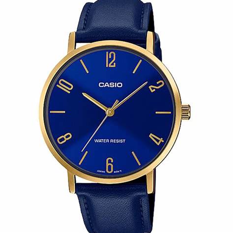 CASIO & VINTAGECasio MTP - VT01GL - 2B2UDF Men's Gold - Tone Watch – Blue Dial, Leather StrapWATCHESEcecile