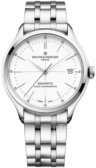 Baume & Mercier Clifton Baumatic MOA10505 Orologio automatico da uomo - Cassa in acciaio inossidabile da 40 mm, quadrante bianco simile alla porcellana, datario, bracciale in acciaio inossidabile