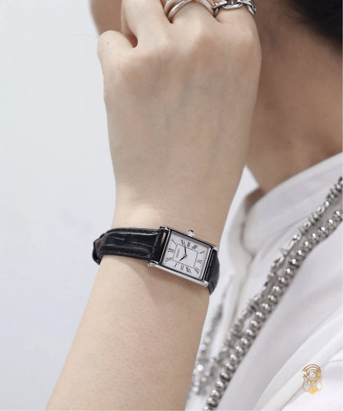 SEIKOSeiko SWR053P1 Women's Quartz Watch – Rectangular Silver Case, Black Leather StrapWATCHESEcecile