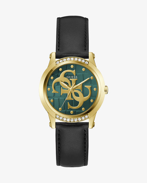 Guess Annette GW0860L6 Women’s 36 mm Quartz Watch – Gold-Tone Case, Green Dial, Black Leather Strap, Crystal Bezel