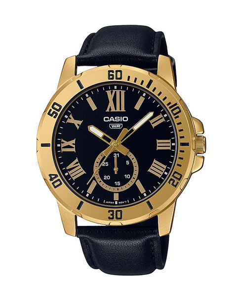 CASIO & VINTAGECasio MTP - VD200GL - 1BUDF Men's Watch – Gold - Tone Case, Black Dial, Leather StrapWATCHESEcecile