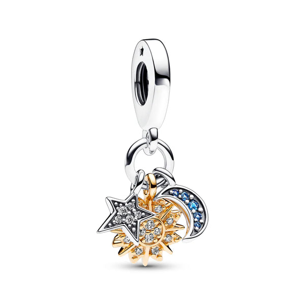 Pandora 762676C01 Two-Tone Celestial Triple Dangle Charm – Sun, Moon, Star