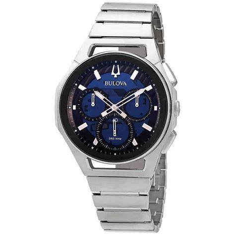 BULOVABulova Curv 96A205 Men's Chronograph Watch - Blue Dial, Stainless Steel BraceletWATCHESEcecile