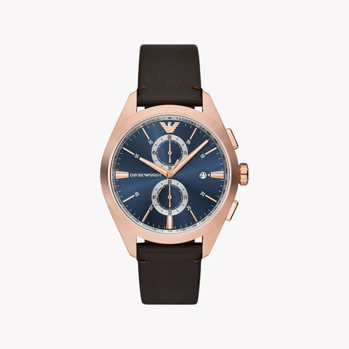 Emporio Armani AR11554 Men's Chronograph Watch - Rose Gold Case, Blue Dial, Brown Leather Strap