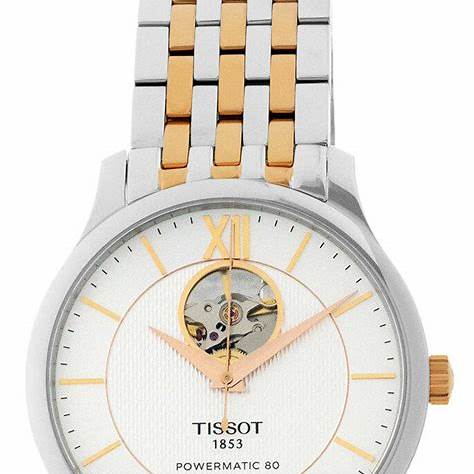 Tissot Tradition Powermatic 80 Open Heart Herrenuhr - Silbernes Zifferblatt, zweifarbiges Edelstahlarmband