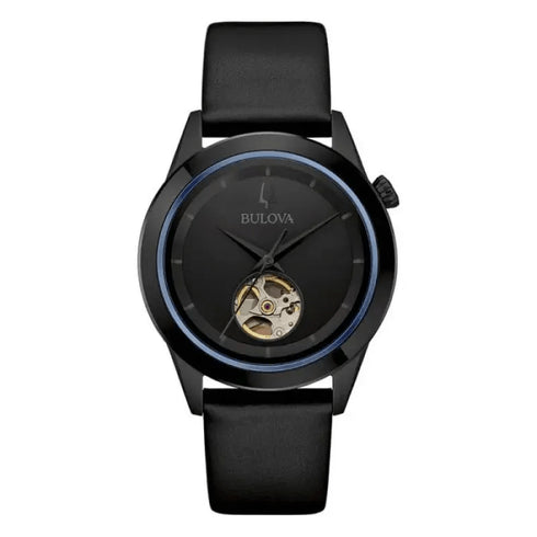 BULOVABulova 98A323 Men's Automatic Watch – Black PVD Case, Open Heart Dial, Leather StrapWATCHESEcecile