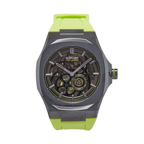 D1 MILANOD1 Milano Skeleton Rubber Slice Lime D1 - SKRJ15 Men's Watch - Gunmetal Stainless Steel, Lime Rubber Strap, 41.5mmWATCHESEcecile