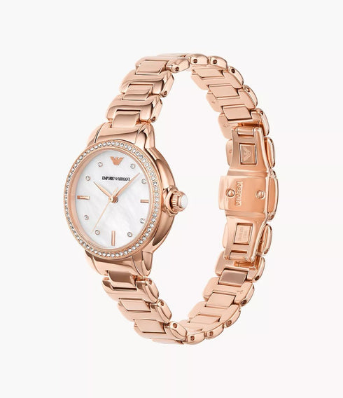 Emporio Armani AR11523 Women's Rose Gold Watch – Crystal Bezel, MOP Dial