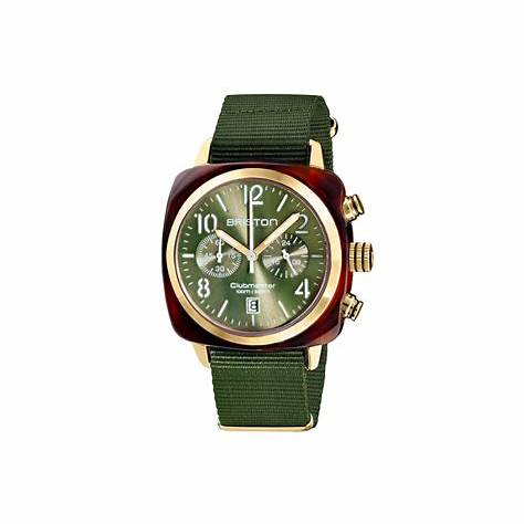 BRISTONBriston Clubmaster Classic Chronograph 40mm Gold Acetate Green Dial Green NATO Strap 19140.PYA.T.26.NOLWATCHESEcecile