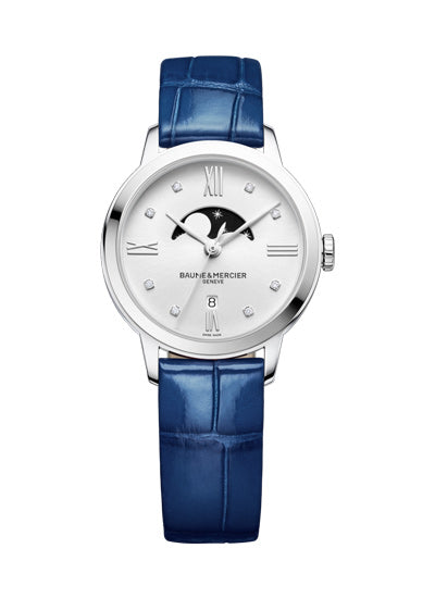 Baume & Mercier Classima MOA10329 Reloj de Cuarzo Fases de la Luna para Mujer - Esfera plateada, correa de aligátor azul