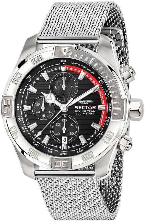Sector Diving Team R3273635005 Herren-Chronograph - 45 mm Stahlgehäuse, schwarzes Zifferblatt, Mesh-Armband