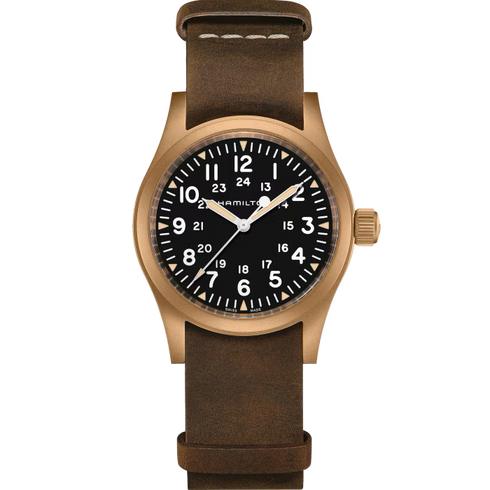 Hamilton Khaki Field Mechanical Bronze H69459530 - 38mm Bronze Case, Black Dial, Brown Leather NATO Strap