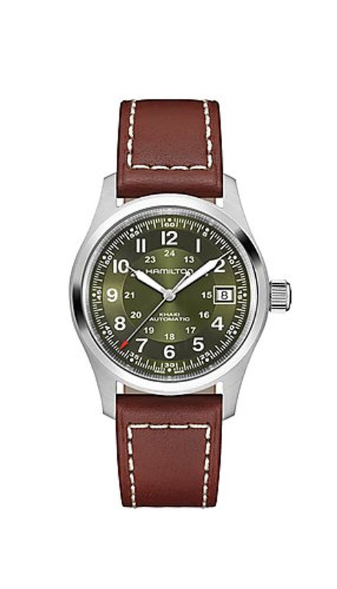 Hamilton Khaki Field Auto H70455560 - 38mm Cadran vert, bracelet cuir, autonomie 80h