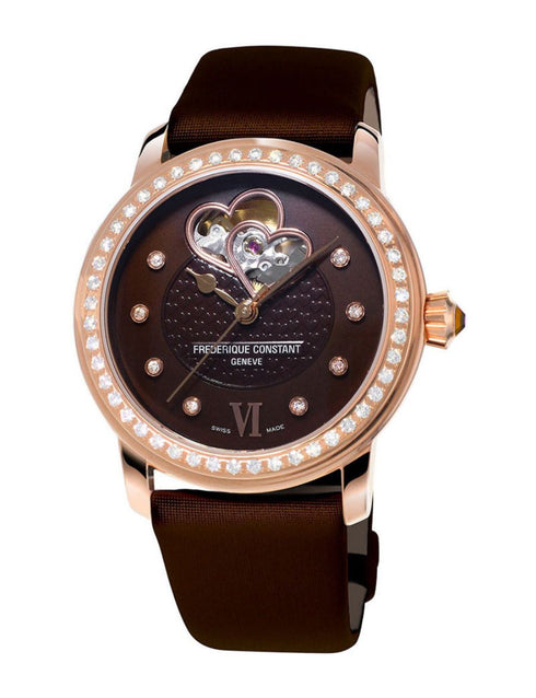 FREDERIQUE CONSTANTFrederique Constant Double Heart Beat FC - 310CDHB2PD4 Women's Watch - Rose Gold - Plated Case, Diamond - Set Bezel, Brown Satin StrapWATCHESEcecile