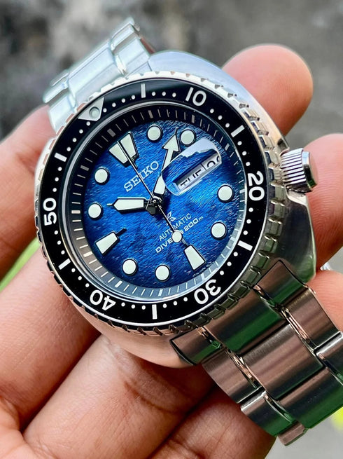 Seiko Prospex SRPE39K1 "Save The Ocean" Special Edition Men's Automatic Diver's Watch - 45mm Stainless Steel, Manta Ray Blue Dial