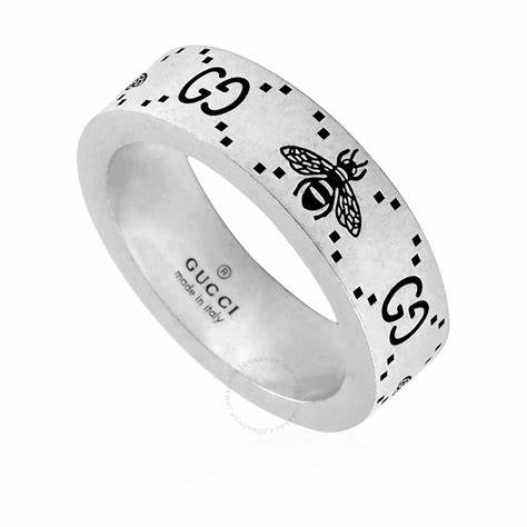 Gucci Signature Sterling Silver 6mm GG Bee Motif Ring - Size 6