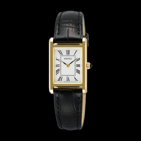 Seiko SWR108P1 Ladies’ Classic Quartz – Gold Tone, White Dial, Leather Strap
