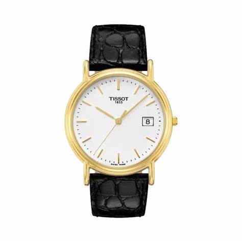 Tissot T-Gold Carmel T71.3.434.11 - Caja de oro amarillo de 18 quilates, esfera blanca, correa de piel negra