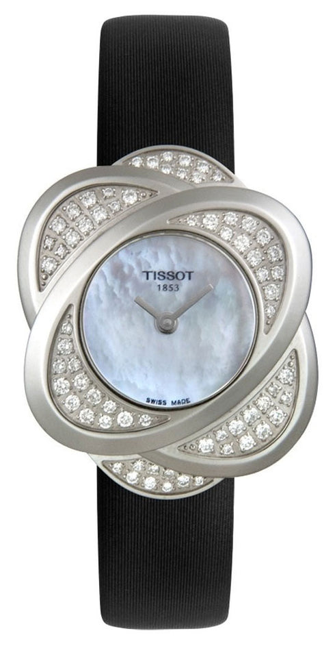 Orologio Tissot Precious Flower Donna - Quadrante in madreperla, lunetta con diamanti incastonati, cinturino in pelle nera