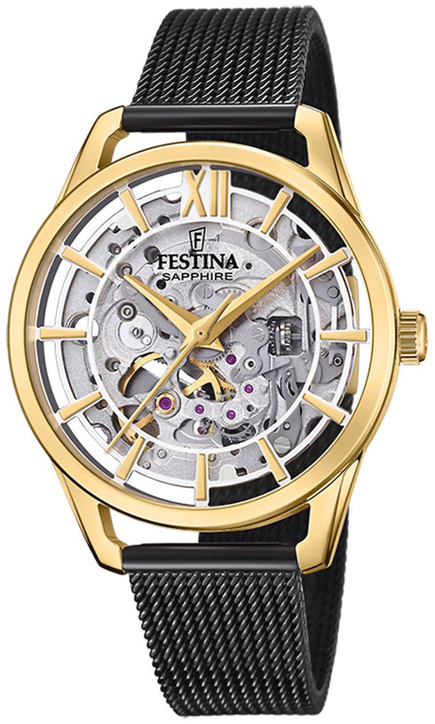 FESTINAFestina F20629/2 Women's Automatic Skeleton Watch – Gold Case, Black Mesh StrapWATCHESEcecile