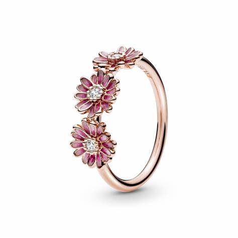 PANDORAPandora 188792C01 - 54 Pink Daisy Flower Trio Ring - 14k Rose Gold - Plated with Enamel and Cubic Zirconia, Size 54BIJOUXEcecile
