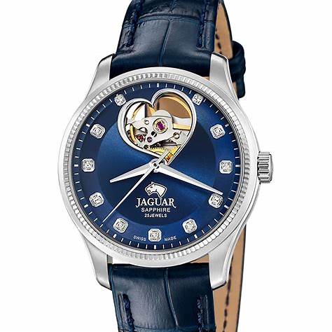 Jaguar Classic Open Heart Automatic J994/B Damenuhr - Edelstahlgehäuse, blaues Zifferblatt, Lederarmband