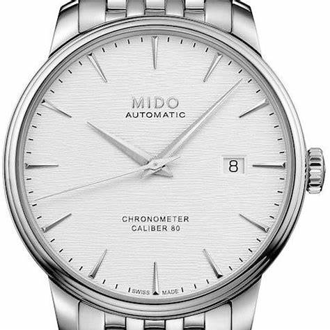 Mido Baroncelli Chronometer Silicon M027.408.11.031.00 Montre automatique pour hommes - Cadran argenté, bracelet en acier inoxydable