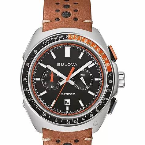 BULOVABulova 98B427 Men's Racer Chronograph Watch - Silver - Tone Case, Black Dial, Brown Leather StrapWATCHESEcecile