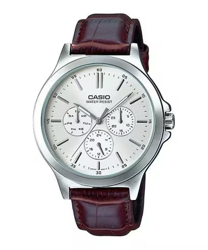 Reloj analógico clásico Casio MTP-V300L-7AUDF para hombre: esfera gris y piel marrón.