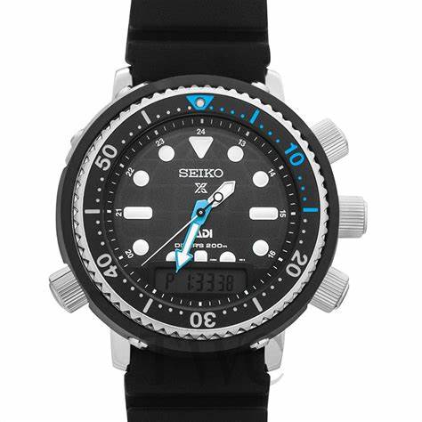 Seiko SNJ035P1 Reloj de buceo Prospex PADI Solar para hombre - Esfera negra, correa de silicona negra