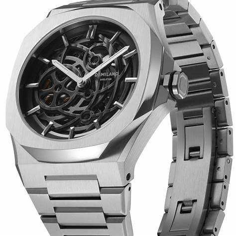 D1 Milano SKBJ10 Silberne skelettierte Automatikuhr - 41,5 mm Edelstahlgehäuse, skelettiertes Zifferblatt