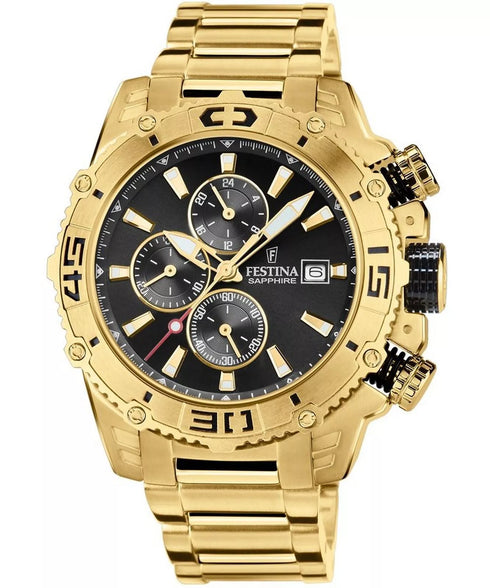 Festina Prestige F20492/4 - Chronographe en or 48.5 mm, cadran noir, bracelet acier