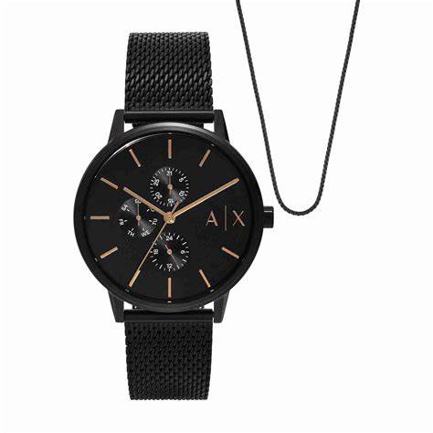 Armani Exchange AX7162SET – 42 mm Black Mesh Watch & Chain Gift Set