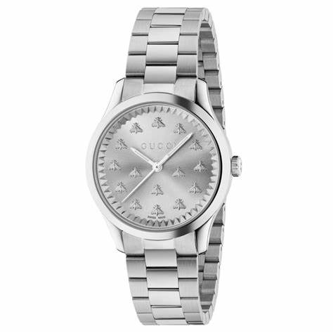 Montre Gucci G-Timeless YA1265031 pour femme - cadran argenté avec motif abeille, bracelet en acier inoxydable