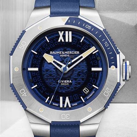 Baume & Mercier Riviera 10716 Orologio automatico da uomo - Quadrante blu fumé in zaffiro, cassa in acciaio, cinturino in gomma blu