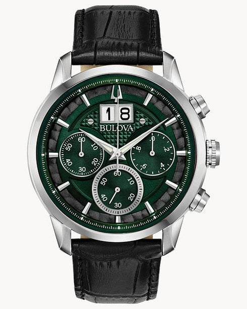 Bulova Sutton 96B310 Men’s Chronograph – Green & Black Dial, Leather Strap