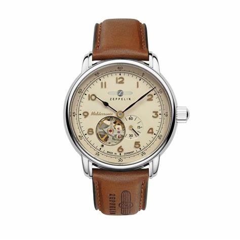 ZEPPELINZeppelin Méditerranée 9666 - 5 Men's Automatic Watch – Beige Dial, Open Heart Design, Brown Leather StrapWATCHESEcecile