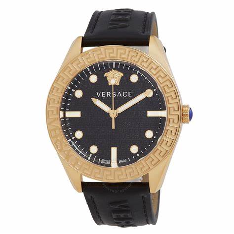 Versace Greca Dome VE2T00222 Men's Swiss Quartz Watch - Gold-Tone Stainless Steel Case, Black Leather Strap, 42mm