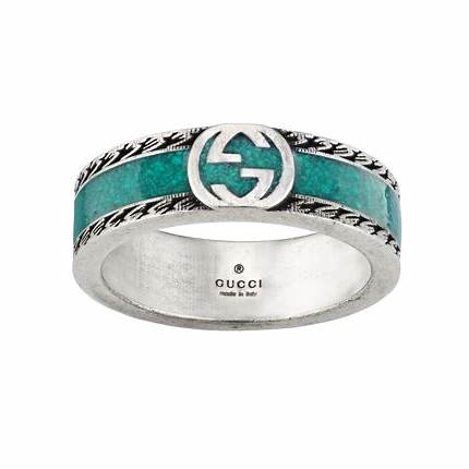 Gucci Anillo Entrelazado G Plata de Ley y Esmalte Turquesa - Talla 6
