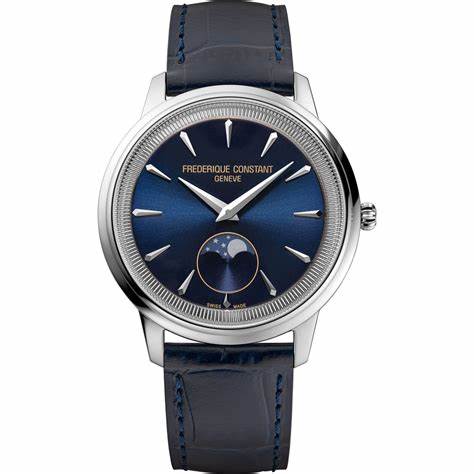 Frederique Constant Classics Moneta Moonphase FC-206N3S6 Montre Homme - Cadran bleu, boîtier acier, bracelet cuir bleu