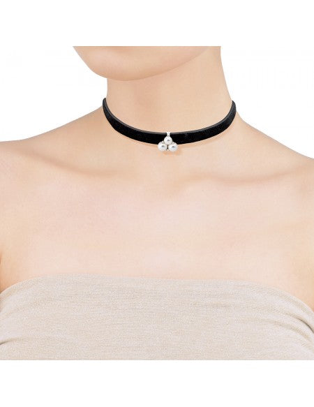 Majorica 15724.01.2.000.010.1 Choker – Black Leather, 925 Silver, White Pearls