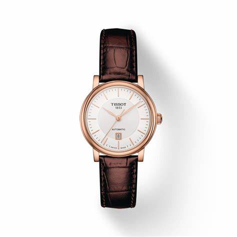 TISSOTTissot Carson Premium Automatic Lady Women's Watch - Silver Dial, Rose Gold PVD Case, Brown Leather StrapWATCHESEcecile