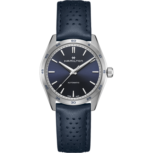 Montre Hommes Hamilton Jazzmaster Performer Auto H36215640 - Boîtier acier inoxydable 38mm, cadran bleu, bracelet cuir bleu