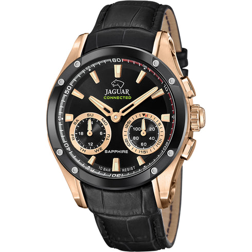 Smartwatch ibrido da uomo Jaguar Connected J959/1 - Cassa in acciaio inossidabile color oro rosa, quadrante nero, cinturino in pelle nera