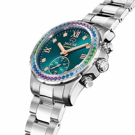 JAGUARJaguar Connected J980/6 Women's Hybrid Smartwatch – Stainless Steel, Green Dial with Multicolor Gemstone BezelWATCHESEcecile