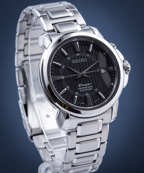 Seiko Premier SNQ159P1 Men's Quartz Perpetual Calendar Watch - Black Dial, Sapphire Crystal, Stainless Steel