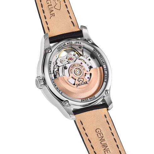 Jaguar Classic Open Heart Automatic J994/C Damenuhr - Edelstahlgehäuse, schwarzes Zifferblatt, Lederarmband