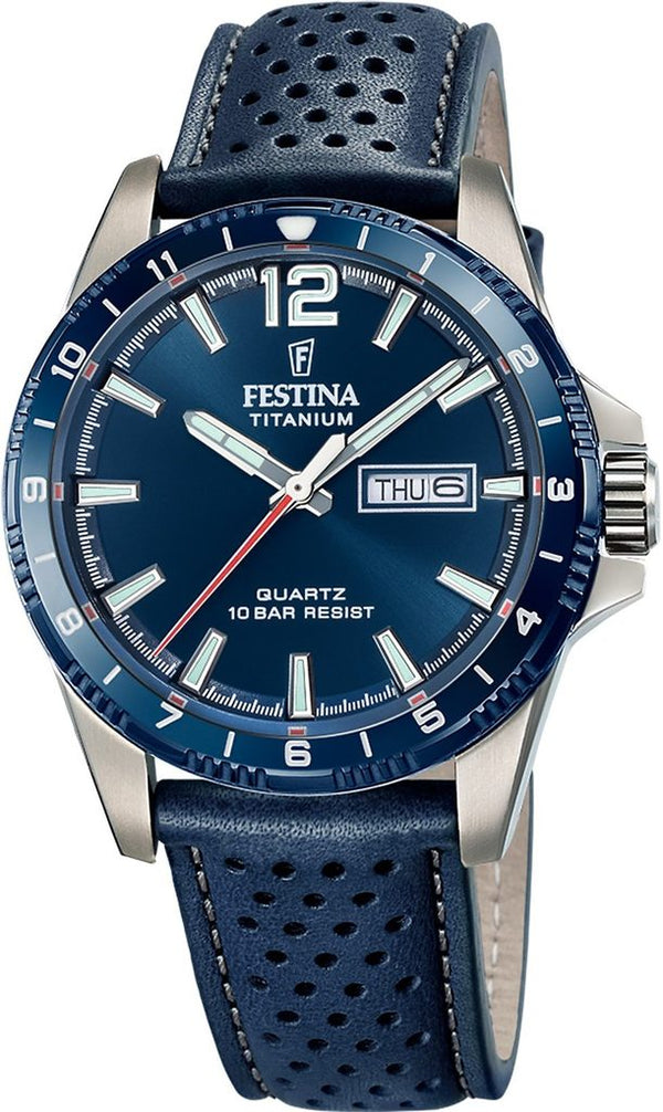 Festina Titanium Date F20699/2 Orologio al quarzo da uomo 43 mm - Quadrante blu, giorno/data, cassa in titanio e cinturino in pelle