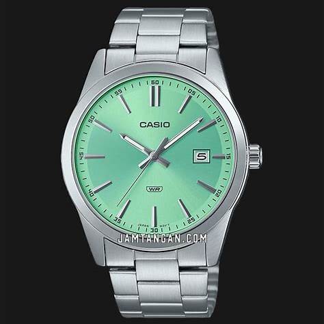 CASIO & VINTAGECasio MTP - VD03D - 3A2UDF Men's Analog Watch – Green Dial, Stainless Steel Band, Date DisplayWATCHESEcecile